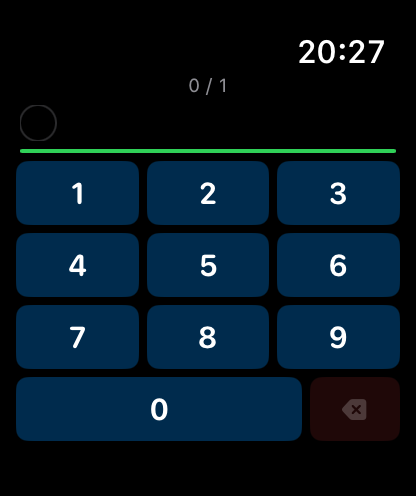 Numbers game on Apple Watch — numeric keypad with digits 0–9